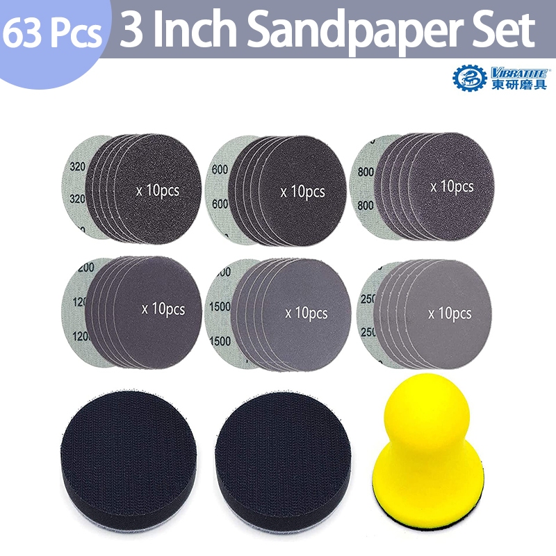 3 นิ้ว 63 ชิ้น Hook และ Loop กระดาษทราย Hand Sanding Block แผ่นอินเทอร์เฟซสารพัน 320/600/800/1200/1500/2500 กรวดสําหรับขัด