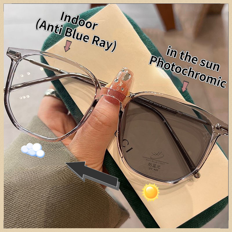 แว่นตากันแดด เลนส์ใหญ่ สายตาสั้น เปลี่ยนสีอัตโนมัติ กรองแสงสีฟ้า UV400