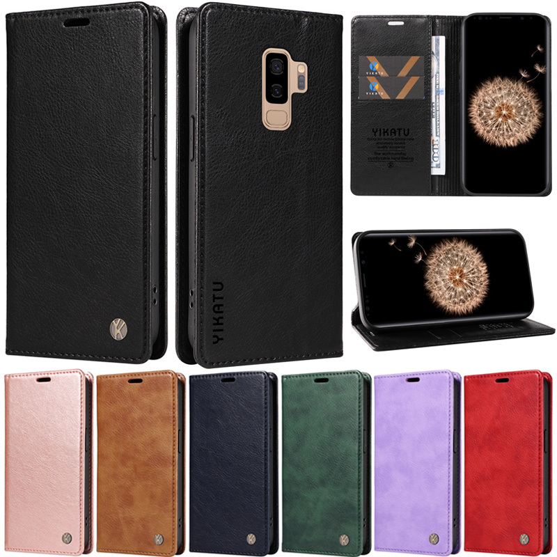 ปลอกหรูหราสําหรับ Samsung Galaxy S9 Plus S8 Plus S7 Edge S9 + S8+ Retro Book กระเป๋าสตางค์นุ่มลิ้นจี่หนังช่องใส่การ์ดพลิกแม่เหล็กผิวป้องกันกรณี