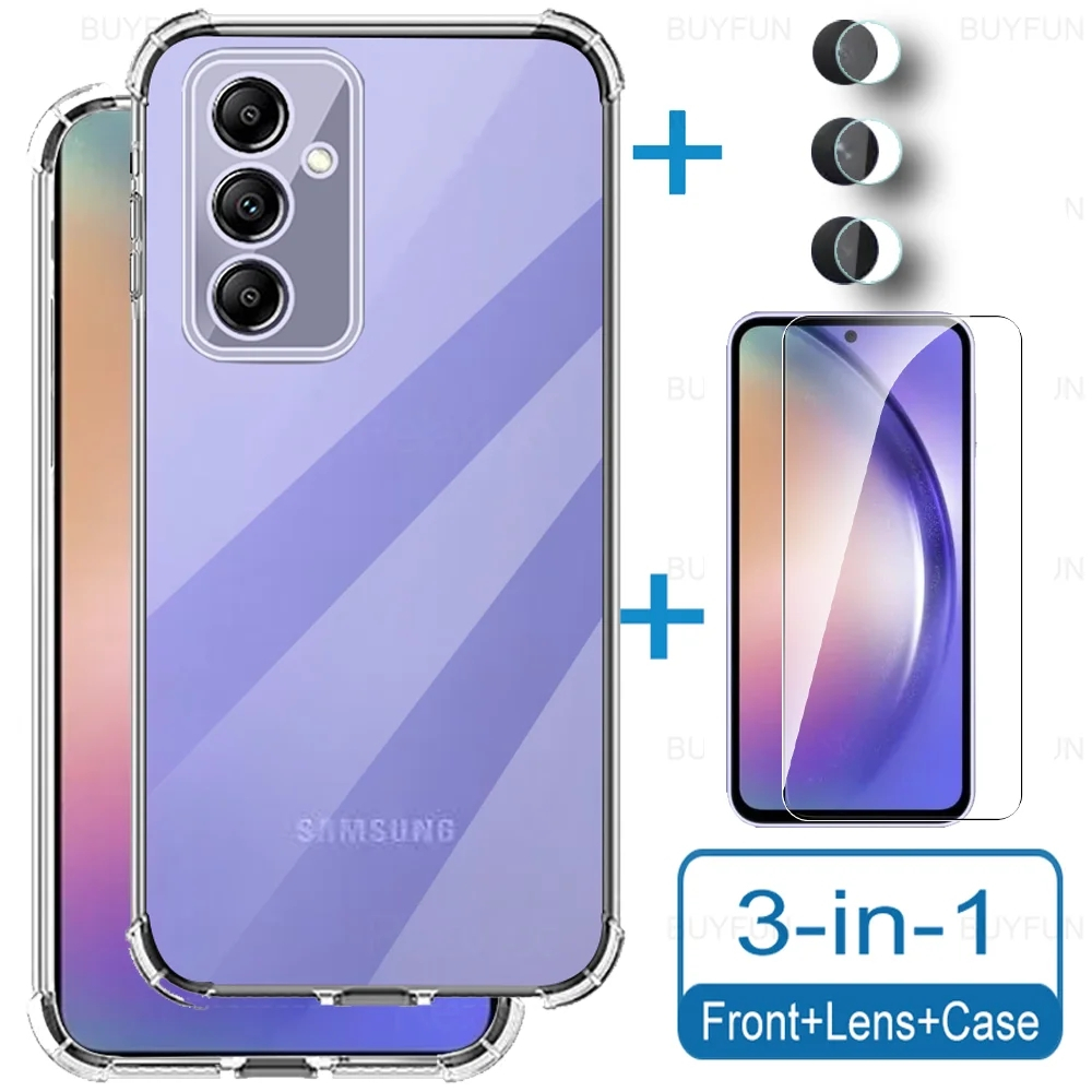 3in1 เคสโทรศัพท์มือถือแบบกระจกนิรภัย ใส กันรอยเลนส์กล้อง สําหรับ Samsung Galaxy A55 M55 A35 A25 A05s A05 A15 A54 A05 S A24 A34 A14 4G 5G
