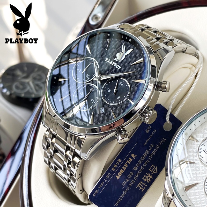 Playboy นาฬิกาผู้ชาย กันน้ํา 100% พร้อมกล่อง เรืองแสง ดำ ขาว น้ำเงิน ดำล้วน สายสเตนเลส นาฬิกาควอตซ์ ของขวัญวันเกิดผู้ชาย 8881
