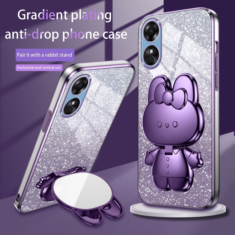 เคสโทรศัพท์มือถือซิลิโคน ลายกระต่าย แต่งกลิตเตอร์วิบวับ พร้อมขาตั้งกระจกแต่งหน้า สําหรับ OPPO A98 5G