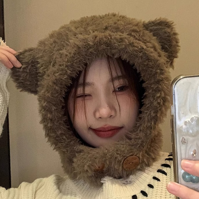 หมวกกันหนาว ผ้ากํามะหยี่ขนนิ่ม แบบหนา ให้ความอบอุ่น ลายหมีน่ารัก แฟชั่นฤดูหนาว สําหรับผู้หญิง และนักเรียน