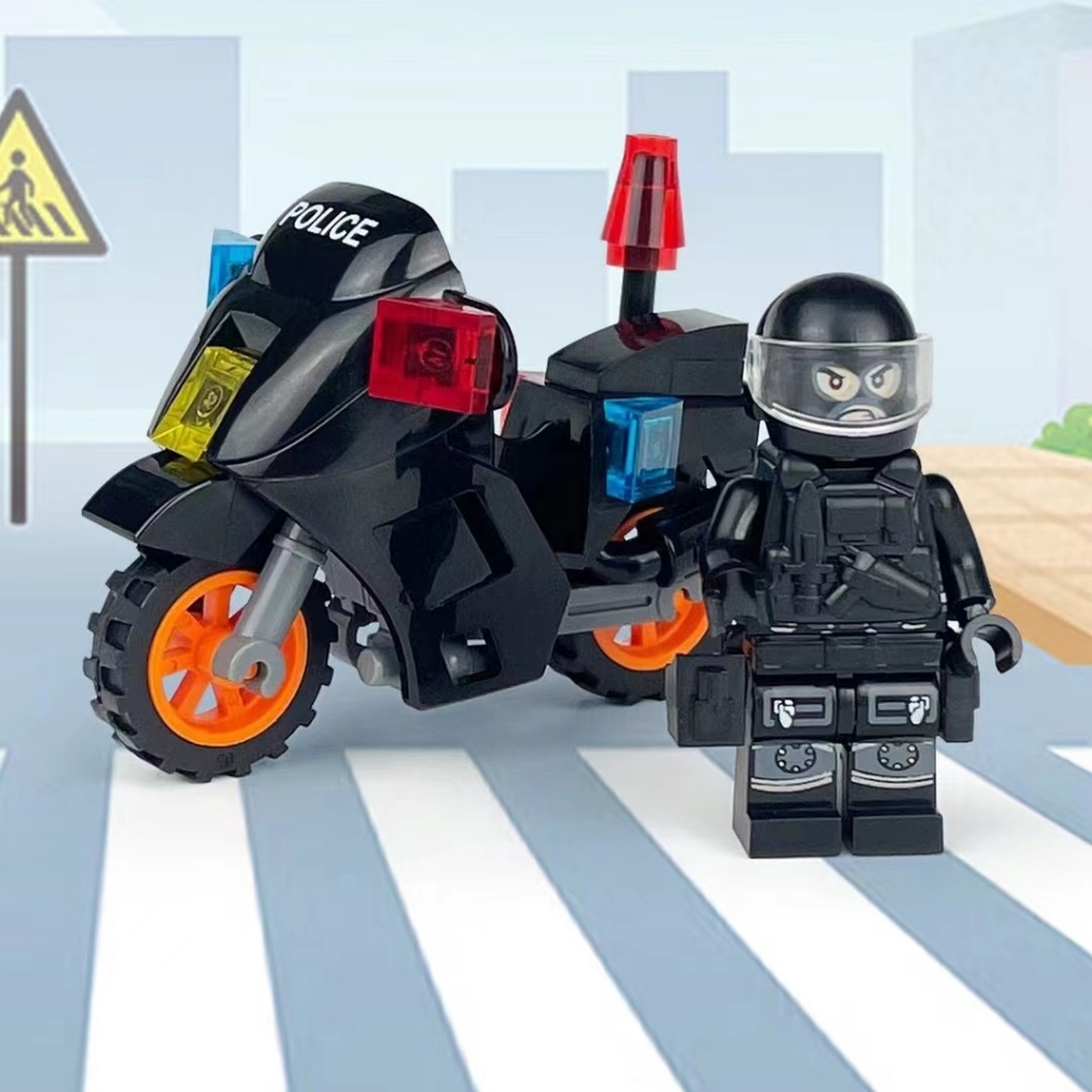 โมเดลรถจักรยานยนต์ตำรวจสีดำขนาดเล็กสำหรับเด็ก ของเล่นตัวต่อ LEGO สำหรับเด็กในเมือง