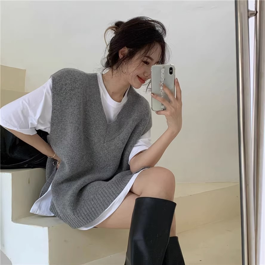 NZN เสื้อกั๊กไหมพรม คอกว้าง แฟชั่นเกาหลี สําหรับผู้หญิง