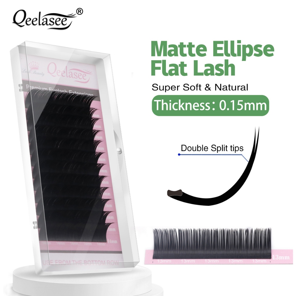 Qeelasee ขนตาปลอม เนื้อแมตต์ 0.15 มม. ต่อขนตา สําหรับแต่งหน้า ขนตาแบน เส้นแบน ขนตา Matte Ellipse Flat eyelash extension