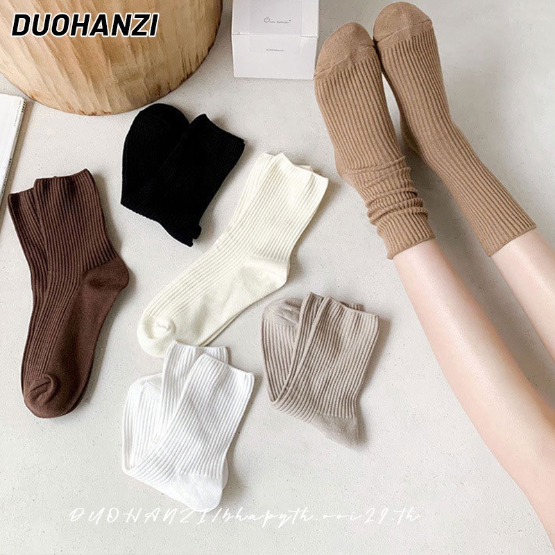 Duohanzi ผู้หญิง เวอร์ชั่นเกาหลี กลาง ท่อ ถุงเท้ายาว ลายทาง ฤดูใบไม้ร่วง ฤดูหนาว วันที่อบอุ่น กับทุกสีทึบ ถุงเท้าผู้หญิง