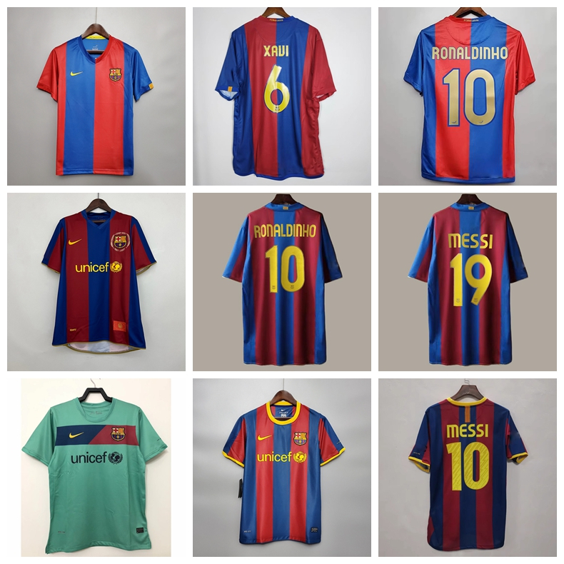 2006-07 07-08 10-11 Season Barcelona Retro Home Away Jersey ฟุตบอล Xavi โรนัลด์อินโฮ เมสซีเสื้อ