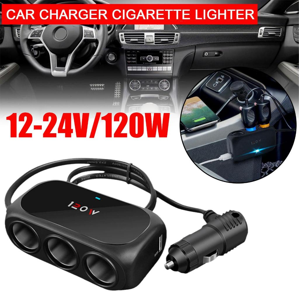 อะแดปเตอร์ที่ชาร์จในรถยนต์ 120W 12V 24V 3 ซ็อกเก็ตที่จุดบุหรี่แยก USB คู่ LED ชาร์จเร็วในรถยนต์