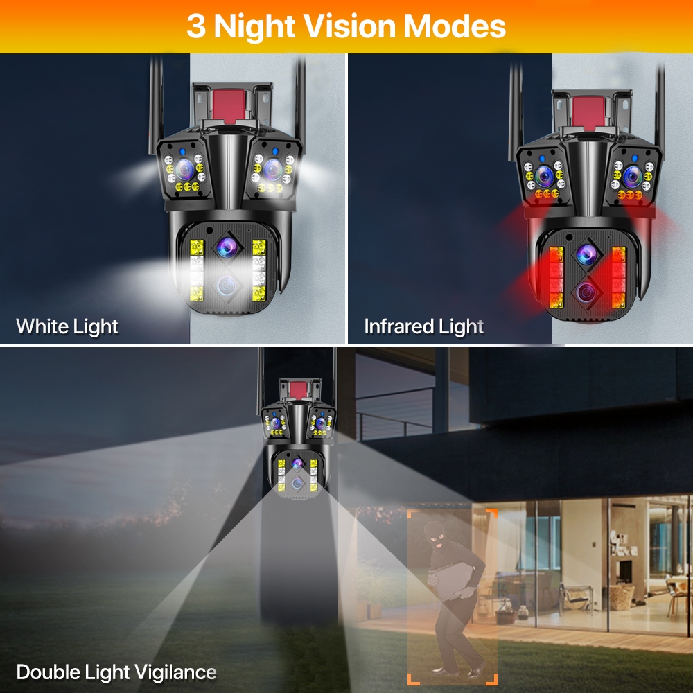 LLSEE 8K 16MP 4 เลนส์กล้องวงจรปิด WIFI ไร้สาย 360 10X ซูม AI ตรวจจับร่างกายอัตโนมัติ Night Vision ติดตามไร้สายกันน้ำกลางแจ้ง IP การรักษาความปลอดภัยกล้อง