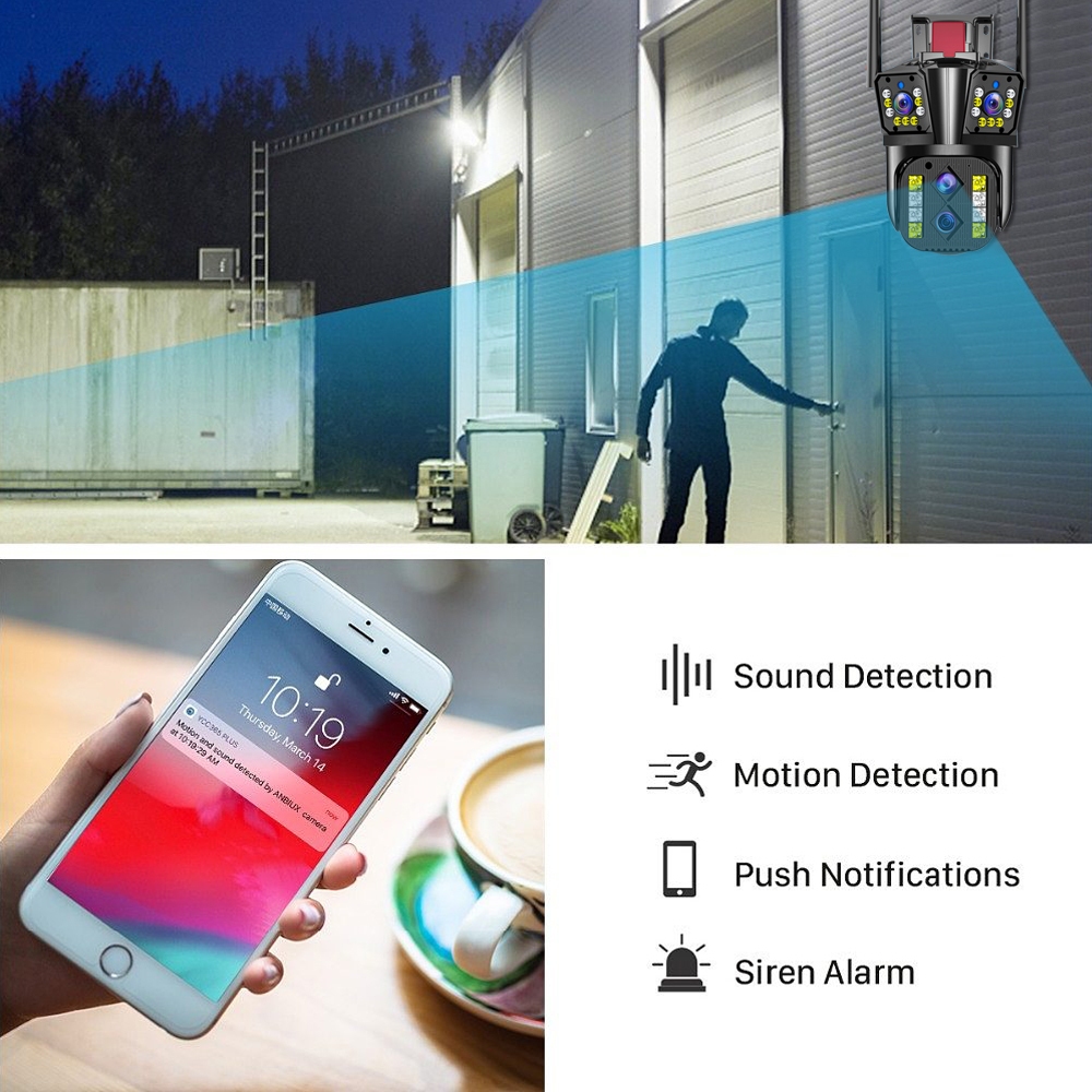 LLSEE 8K 16MP 4 เลนส์กล้องวงจรปิด WIFI ไร้สาย 360 10X ซูม AI ตรวจจับร่างกายอัตโนมัติ Night Vision ติดตามไร้สายกันน้ำกลางแจ้ง IP การรักษาความปลอดภัยกล้อง