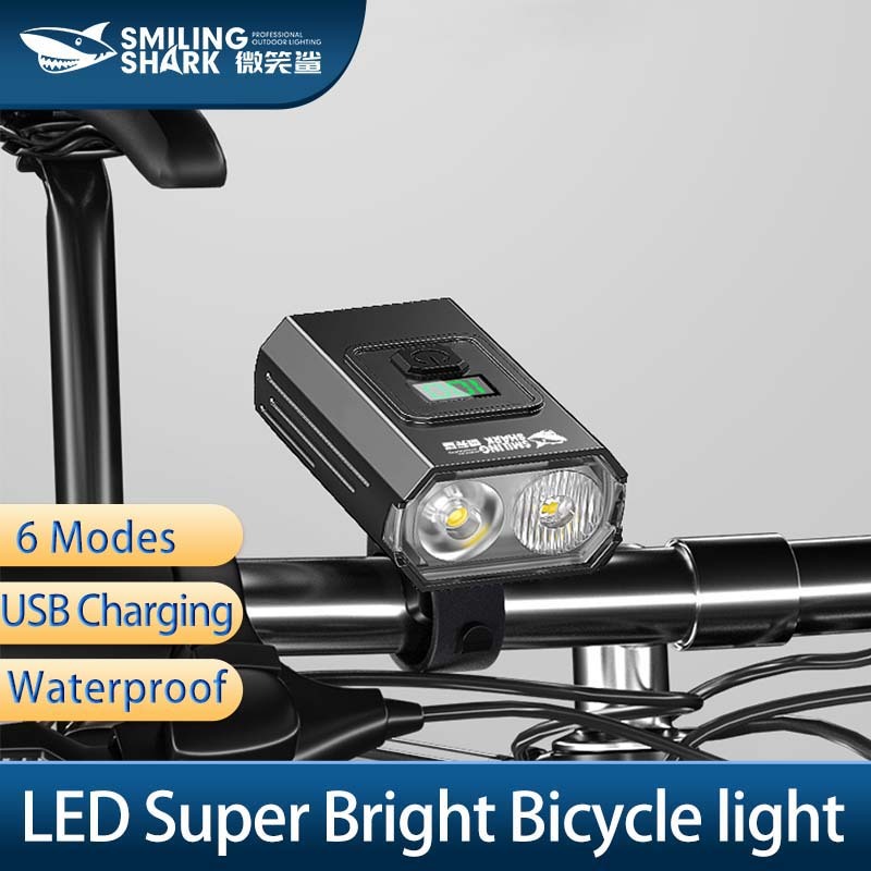 SmilingShark ZX4002 ไฟจักรยาน LED โคมไฟขี่กลางคืน Super Bright USB ชาร์จใหม่ได้ จอแสดงผลพลังงานดิจิตอล 6 โหมดกันน้ำสำหรับการขี่จักรยานตอนกลางคืน