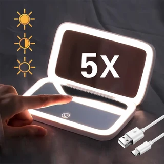 กระจกแต่งหน้า ขนาดเล็ก แบบพกพา พับได้ พร้อมไฟ Led กําลังขยาย 5 เท่า เหมาะกับการเดินทาง