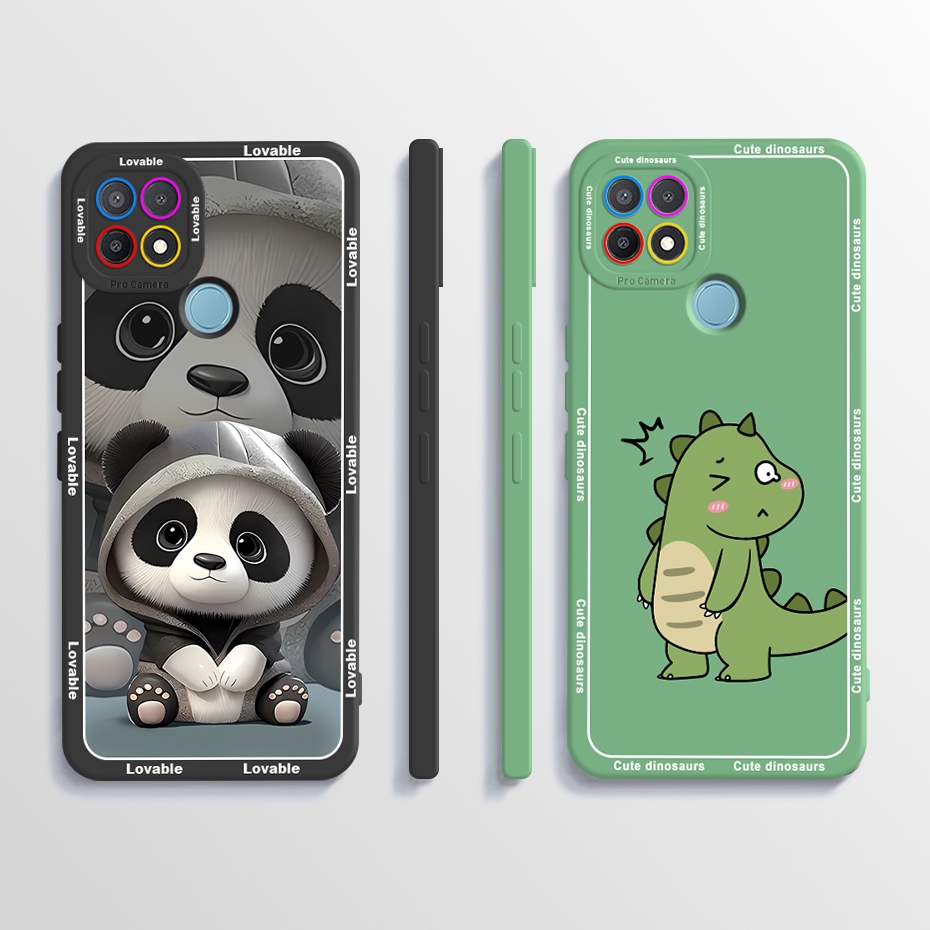 เคส OPPO A15 A15S A35 ขอบตรง ซิลิโคนเหลว แม่นยํา กล้อง เคส แพนด้า น่ารัก ไดโนเสาร์ เคสโทรศัพท์ นิ่ม