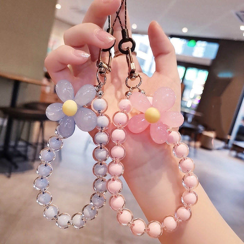 มาการอง ลูกปัดสีโทรศัพท์มือถือเชือกเส้นเล็กโซ่ข้อมือเชือก/เกาหลี อิน สายรัดข้อมือสําหรับผู้หญิง/เครื่องประดับแฟชั่น/สร้อยข้อมือดอกไม้วุ้นป้องกันการสูญหายกระเป๋าคีย์กร