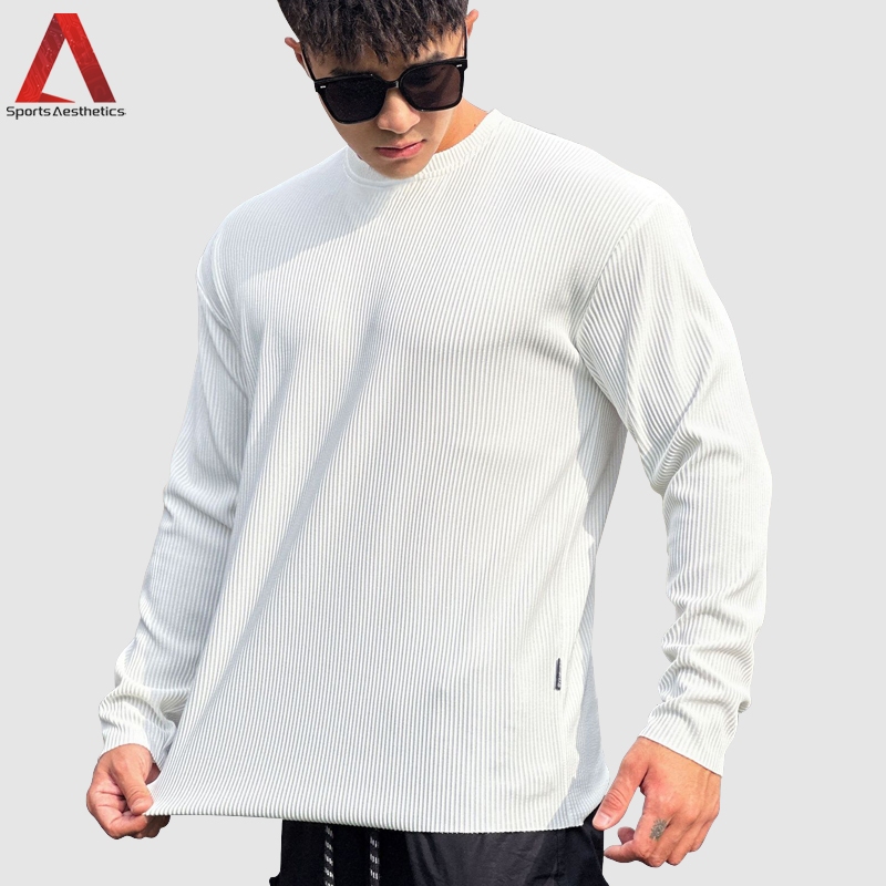 เสื้อยืดลําลอง แขนยาว คอกลม ทรงหลวม ลายทาง แฟชั่นฤดูใบไม้ผลิ และฤดูใบไม้ร่วง สําหรับผู้ชาย ไซซ์ M-3XL