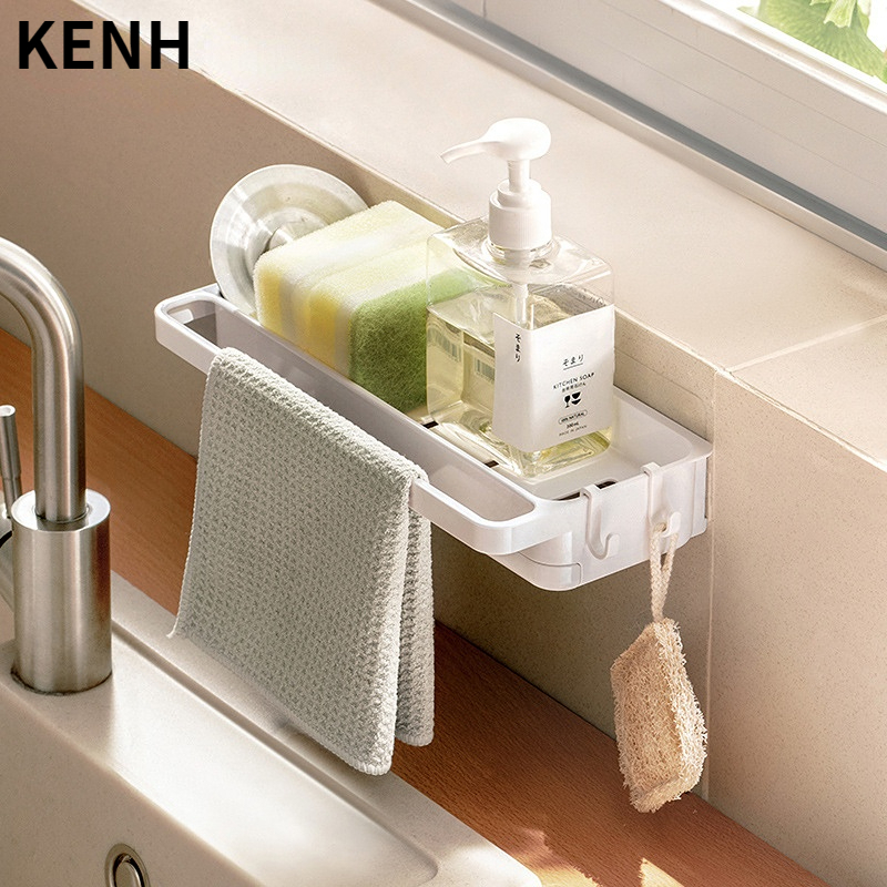 KENH HOUSE ที่วางฟองน้ำล้างจานแบบมีถาดรองน้ำ วางน้ำยาล้างจาน วางของใช้ ในครัว/ห้องน้ำ ที่วางของใกล้ก๊อกน้ำ ไม่ต้องเจาะ