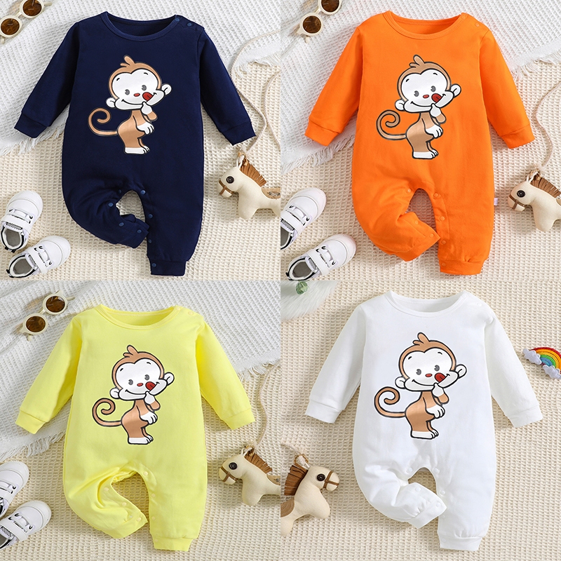 พร้อมส่ง ชุดจั๊มสูทแขนยาว ผ้าฝ้ายแท้ พิมพ์ลายการ์ตูนลิง กระต่าย สําหรับเด็ก