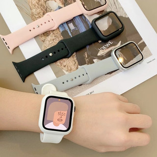 สายนาฬิกาข้อมือซิลิโคน พร้อมเคสกระจกนิรภัย สําหรับ i Watch Strap Series11,10, 9 8 7 6 5 4 3 2 1 SE SE2 Ultra Size 49 มม. 41 มม. 45 มม. 40 มม. 44 มม. เคส i watch case