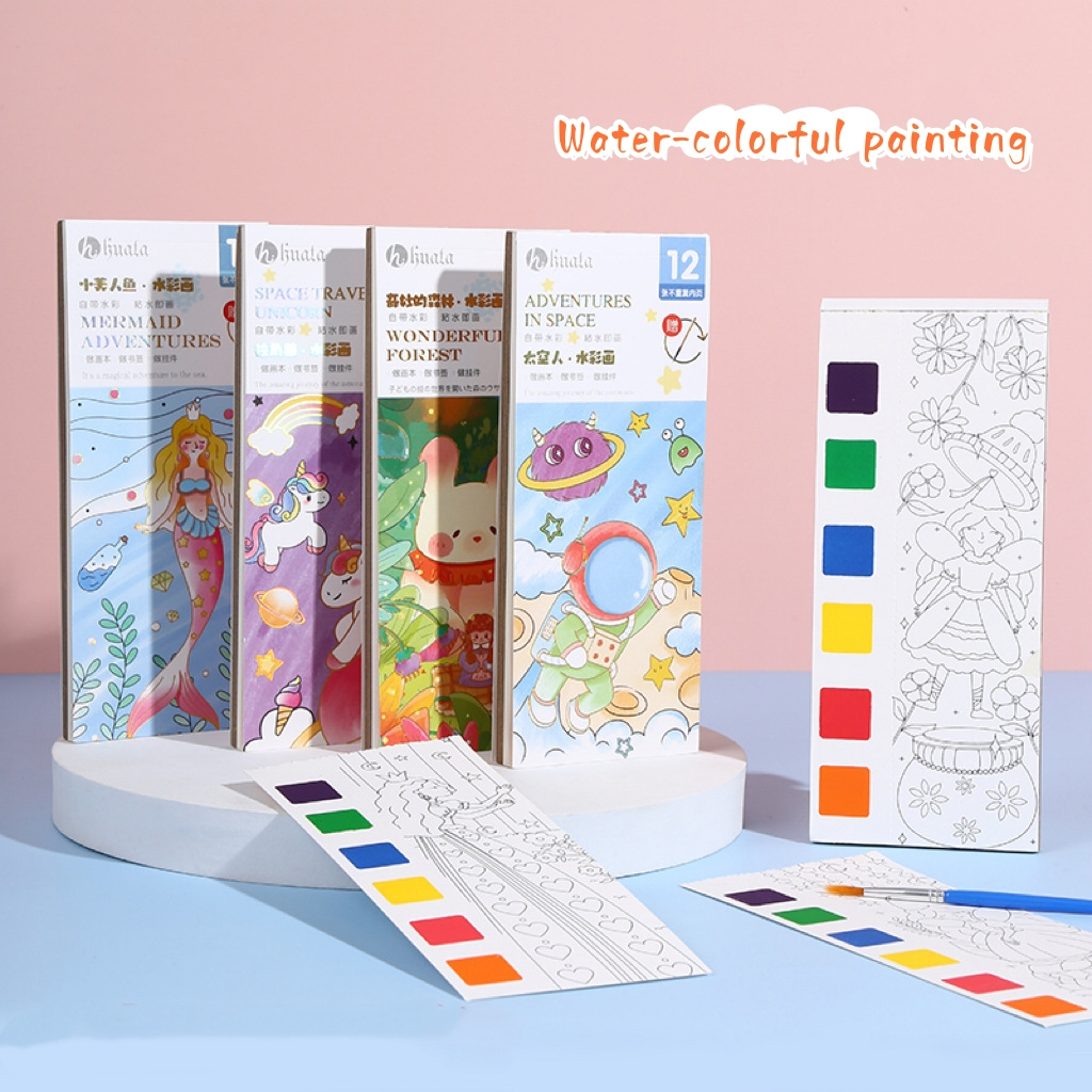 สมุดระบายสีน้ํา ลายการ์ตูนกราฟฟิติ พร้อมแปรง 12 หน้า แฮนด์เมด diy เพื่อการเรียนรู้เด็ก SG060