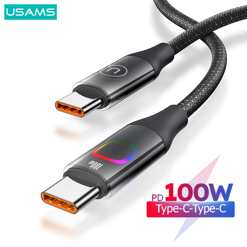 Usams 100W USB Type C IP สายชาร์จเร็ว USB C สายเคเบิลข้อมูล พร้อมไฟหลากสี สําหรับ 1phone Android แท็บเล็ต IP15แล็ปท็อป