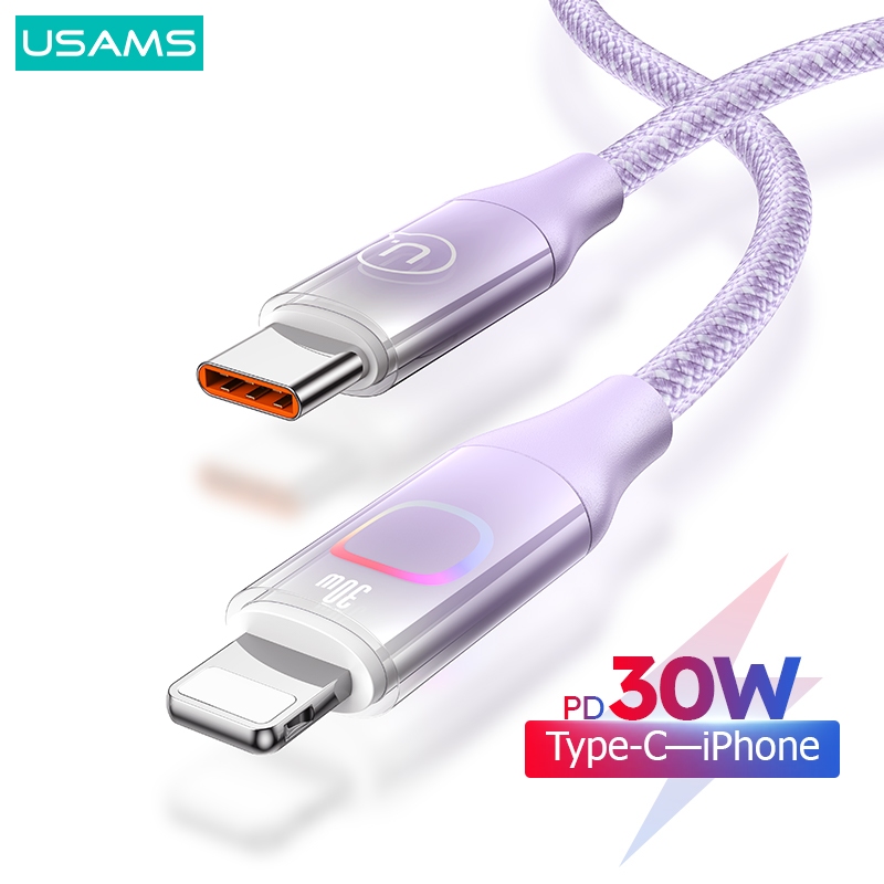 Usams สายชาร์จ USB C ไล่โทนสี PD 30W Type C - IP ชาร์จเร็ว สายชาร์จ USB พร้อมไฟหลากสี สําหรับ 1phone8-14 iPd