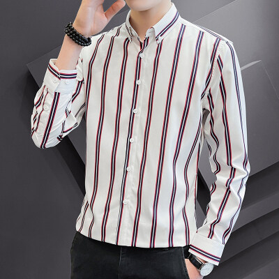 เสื้อเชิ้ตแขนยาวลําลอง เข้ารูป ลายทาง สีขาว สไตล์นักธุรกิจ สําหรับผู้ชาย
