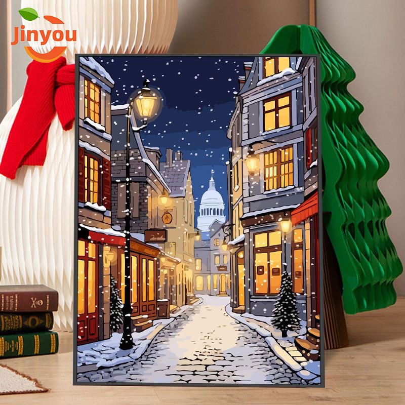 JINYOU【30*40/40*50ซม.】ระบายสีตามตัวเลข/คริสต์มาส/ฉากหิมะฤดูหนาว/สีน้ำมันของขวัญทำด้วยมือ/สีอะคริลิคสีเพ้นท์มือ/ภาพวาดตกแต่ง
