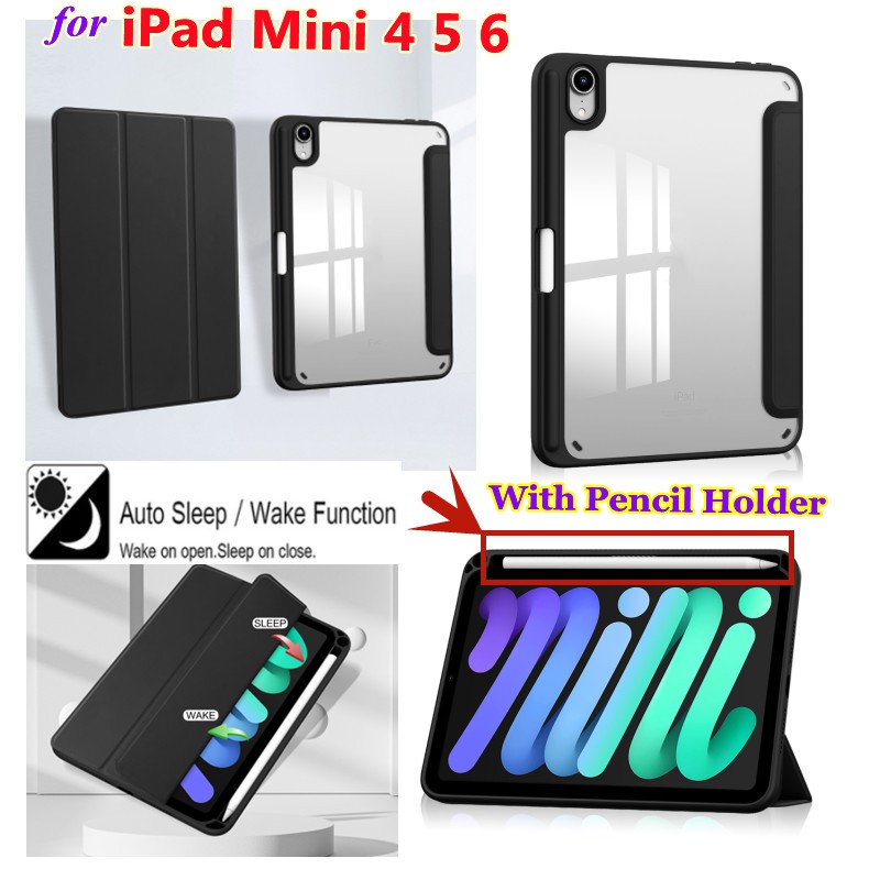 Flip Cover For IPadmini mini 4 5 6 For tablet i-pad mini4 mini5 mini6 7.9inch 8.3inch With Auto Wake Up / Sleep Pencil Holder Clear Back Cover Leather Folding Magnetic Cove