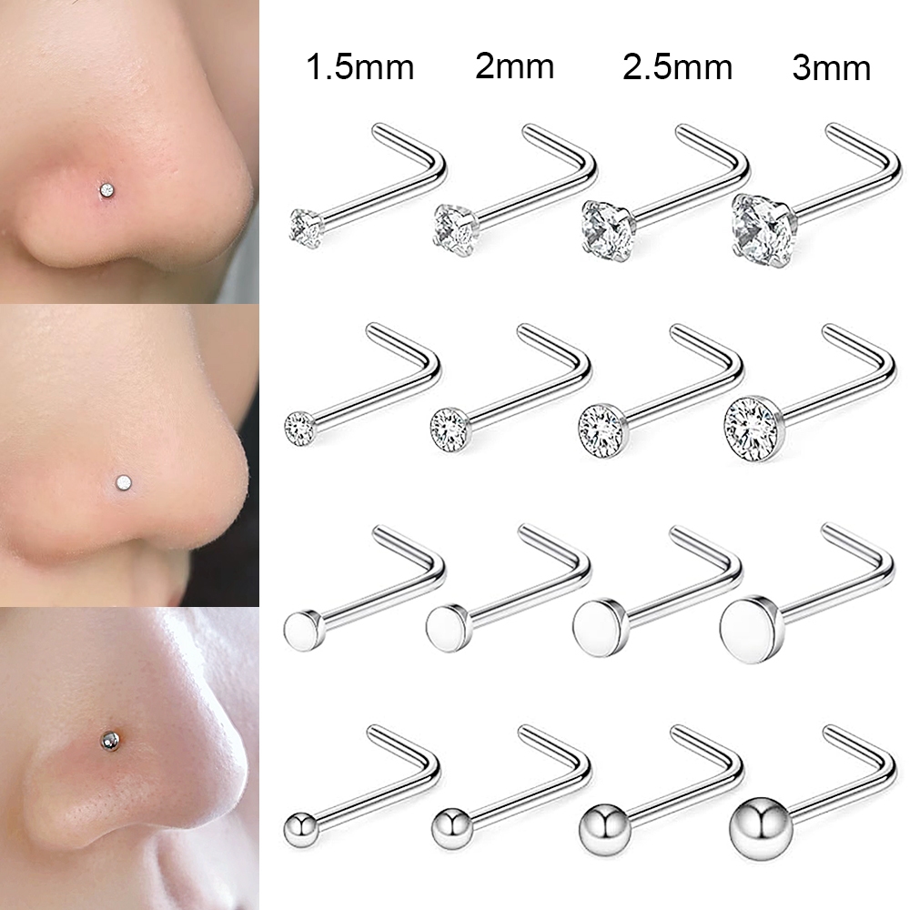 1 ชิ้น 1.5/2/2.5/3 มม.คริสตัลสแตนเลส Nostril เจาะรอบบอลจมูกเจาะ L รูปร่างจมูก Stud Body เครื่องประดับ