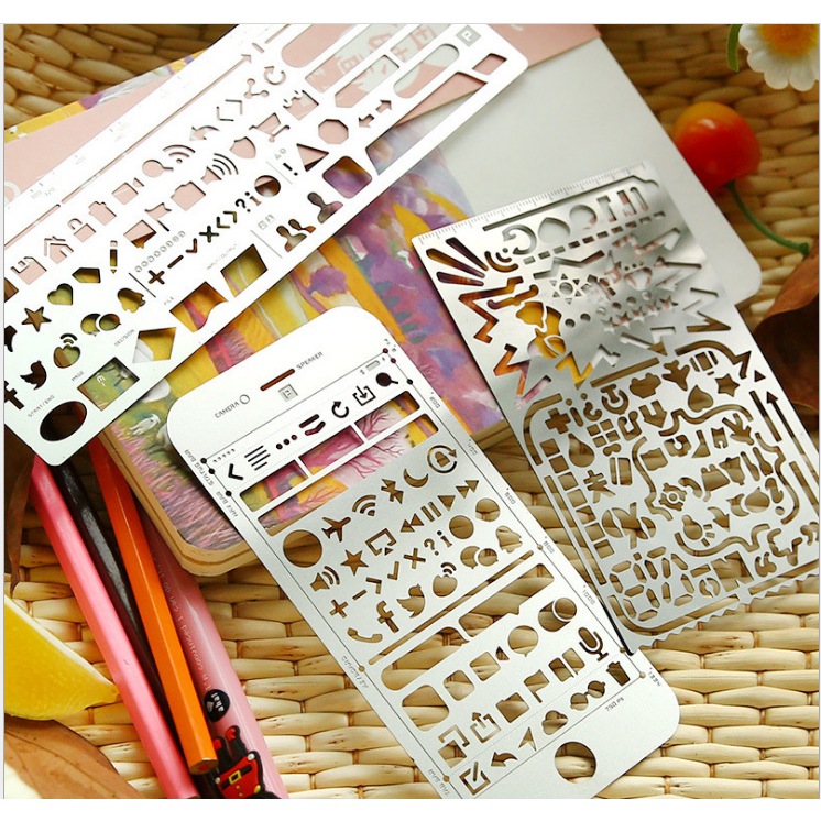 ไม้บรรทัดโลหะ ที่คั่นหนังสือ วารสาร ลายฉลุ วาดภาพกราฟิก แม่แบบสเกล ชุด DIY สําหรับสมุดแพลนเนอร์