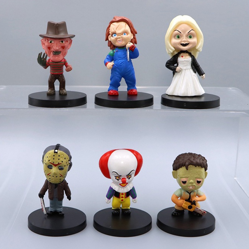 6 ชิ้น/เซ็ต 4-6 ซม.อะนิเมะเด็กเล่นเจ้าสาว Chucky Friday the 13th Jason Voorhees Clown Chainsaw รุ่น Q PVC ตัวเลขการกระทําตุ๊กตาของเล่น