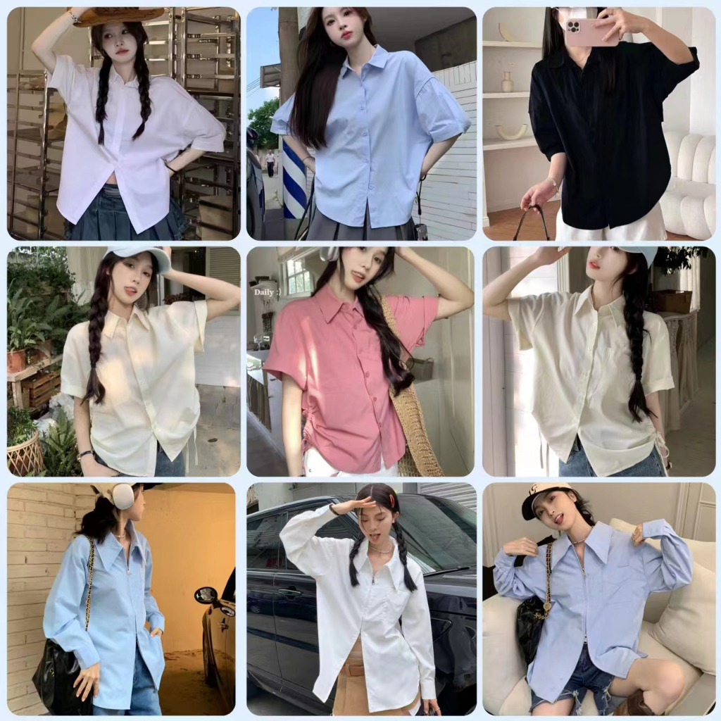 Betty House เสื้อเชิ้ตครอปแขนสั้น เสื้อแขนสั้นสีทึบ ทันสมัย ​​ลำลอง และใช้งานได้หลากหลาย