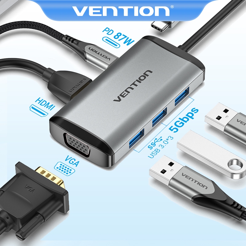 Vention 6-in-1 อะแดปเตอร์ฮับ HUB USB-C เป็น HDMI VGA USB 3.1 Type C หสำหรับโทรศัพท์มือถือ แล็ปท็อป