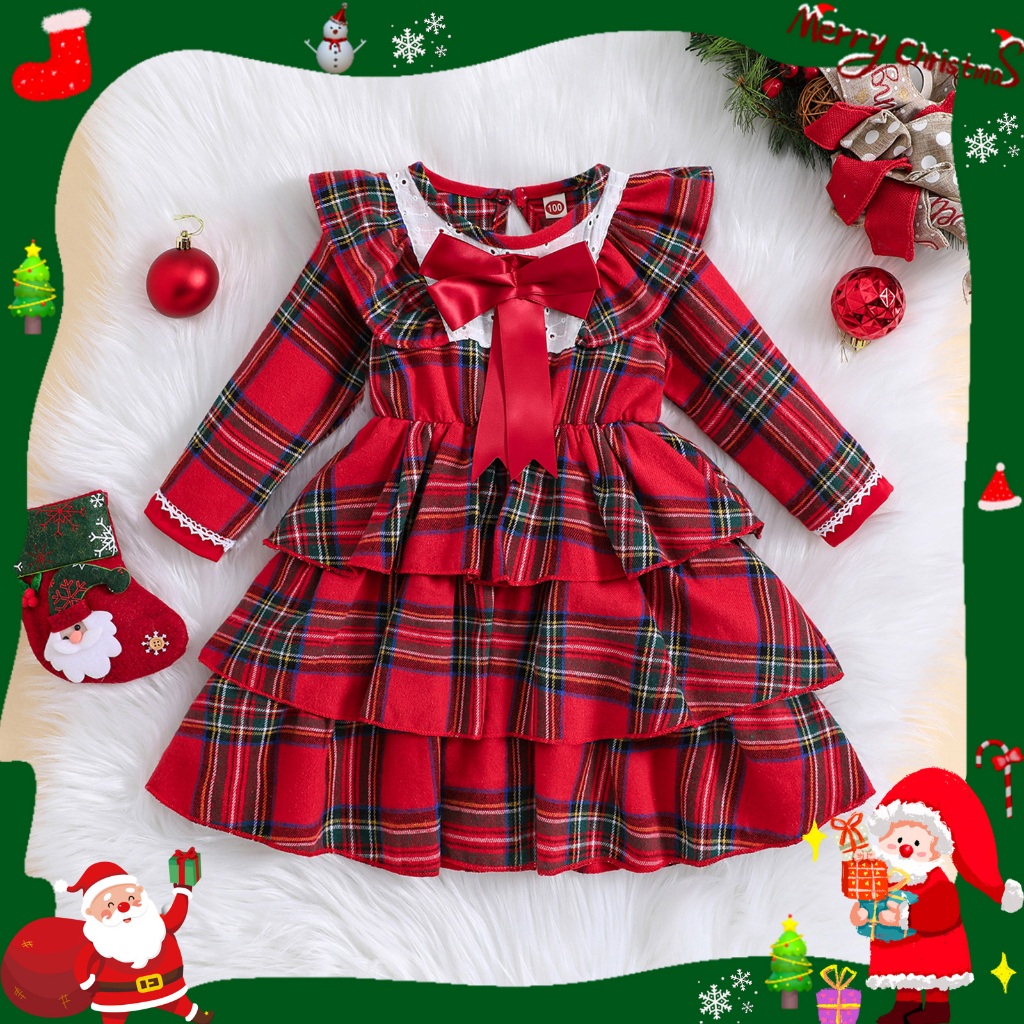 Pef-kid Girl Christmas Dress ลายสก๊อตพิมพ์แขนยาวคอกลม A-Line เค้กชุดตกแต่ง Bowknot