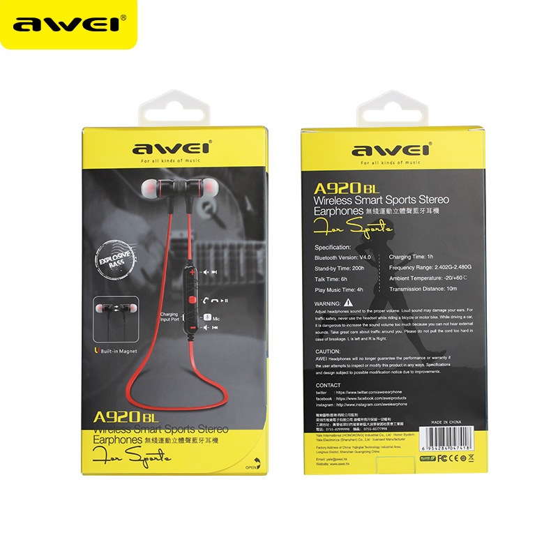 Awei A920BL หูฟังบลูทูธไร้สาย ฟังก์ชั่นแม่เหล็ก Bluetooth Earphone แฮนด์ฟรี ไมโครโฟนในตัว