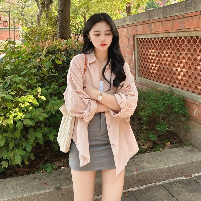 Suxi เสื้อเชิ้ตแขนยาวลําลอง ทรงหลวม สีพื้น สไตล์ฝรั่งเศส มินิมอล แฟชั่นฤดูใบไม้ร่วง สําหรับผู้หญิง