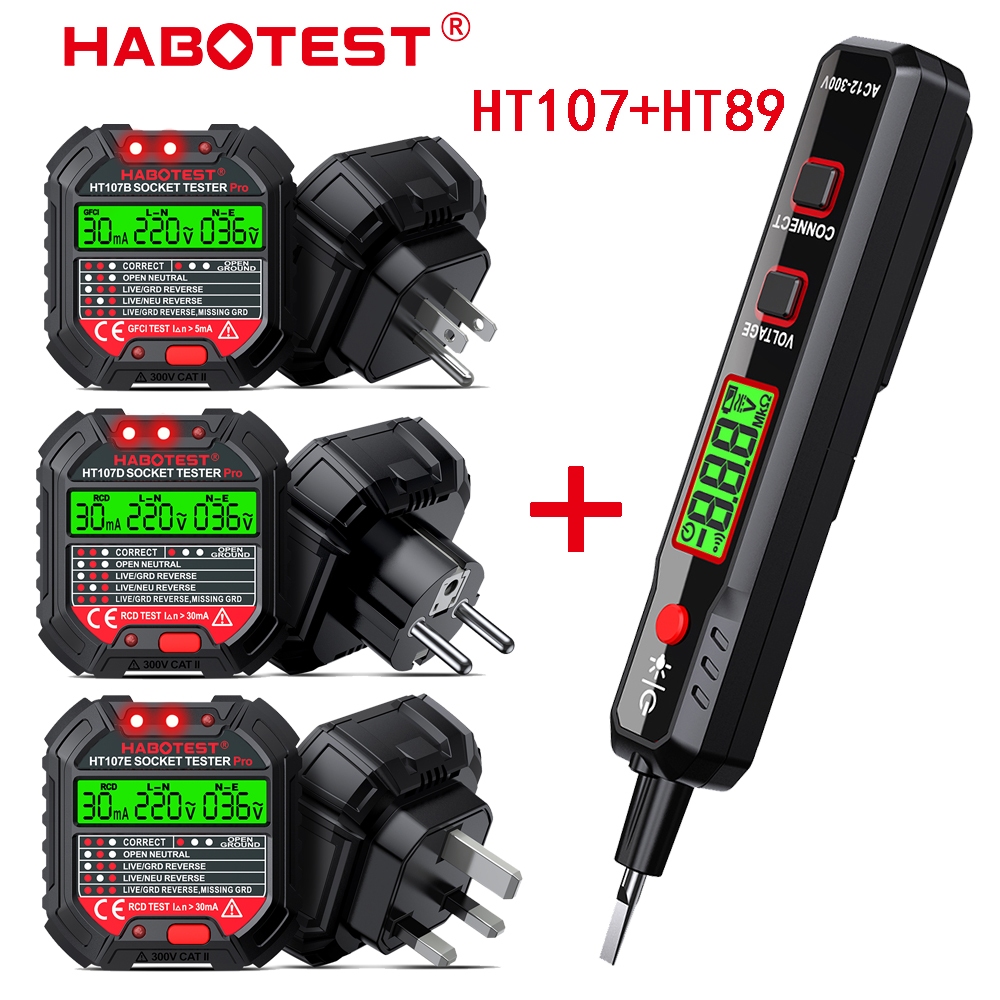 Habotest HT107+HT89 HT107 เครื่องทดสอบซ็อกเก็ตแรงดันไฟฟ้า RCD 30mA ปลั๊ก US EU UK