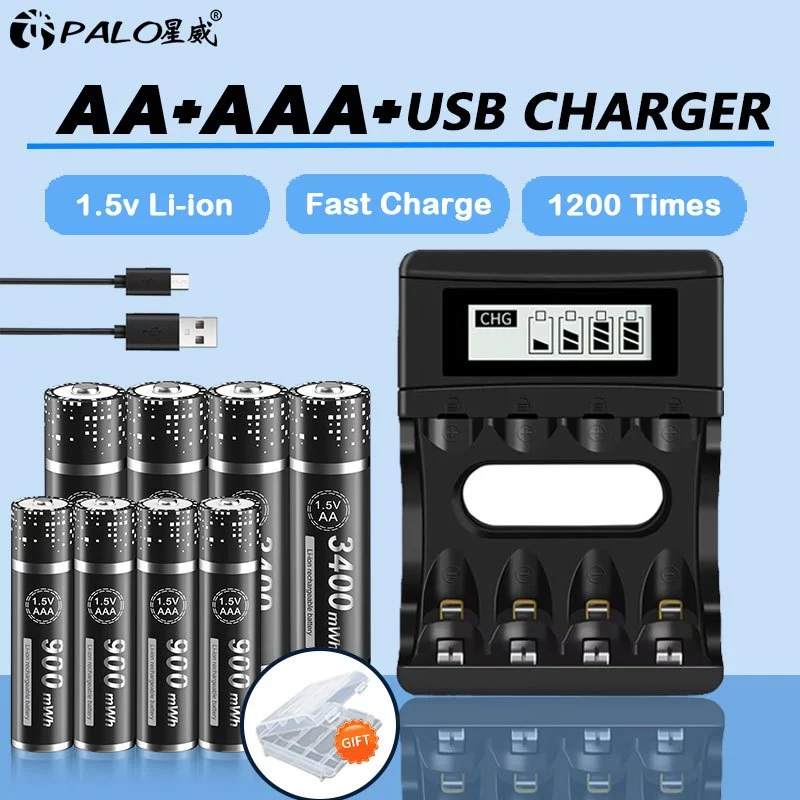 Palo เครื่องชาร์จแบตเตอรี่ลิเธียม AA AAA Li-ion 4 ช่อง USB ชาร์จ 1.5V ถ่านชาร์จ