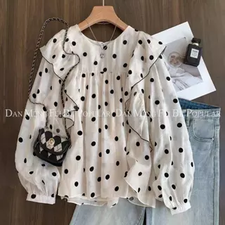 เสื้อเชิ้ตแขนยาว ทรงหลวม ลายจุด สไตล์เกาหลี สําหรับผู้หญิง