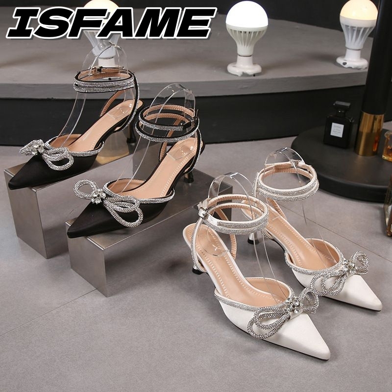 ISFAME (7 ซม.)รองเท้าส้นสูงหัวแหลมเพชร ใส่เกิดทุกงาน สุดฮิต งานแฟชั่นรองเท้าส้นสูง ประดับโบว์ และเพชร คริสตัล สวยงาม แฟชั่นแฟรี่ สําหรับผู้หญิง