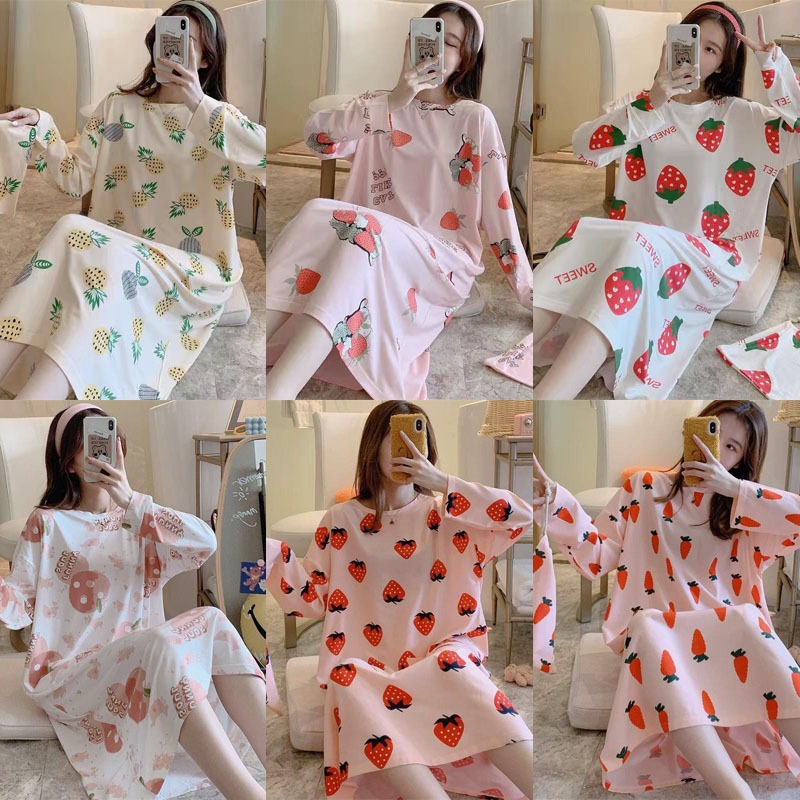 🌸Fashion-TH🌸ชุดนอนผู้หญิง ชุดนอนคอกลมแขนยาวฤดูใบไม้ร่วงและฤดูหนาว พิมพ์การ์ตูน ชุดนอนกระโปรง