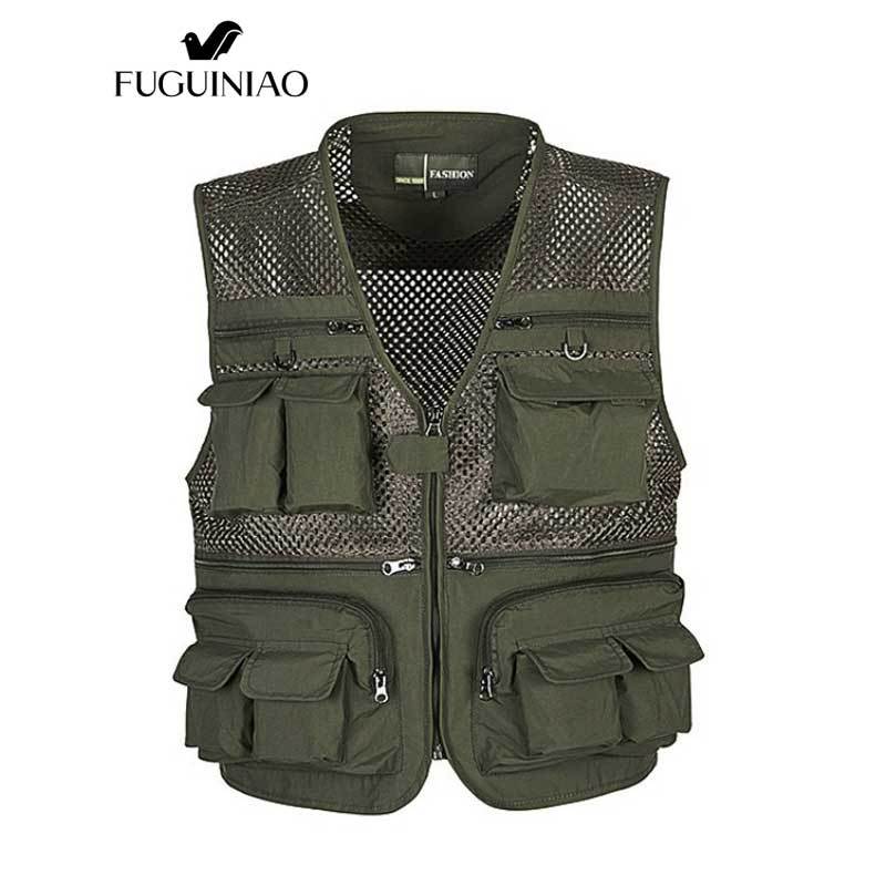 Fuguiniao แจ็คเก็ตตาข่ายหลายกระเป๋าระบายอากาศเดินป่าเสื้อกั๊กกองทัพปลาสีเขียวเสื้อกั๊ก