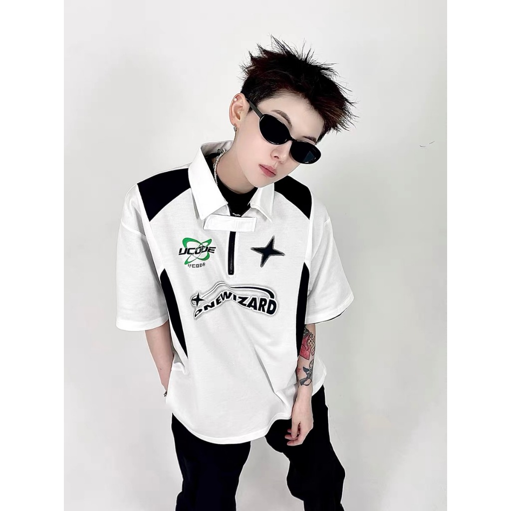 BeCoolMan🍃ใหม่อเมริกันพิมพ์เสื้อยืดแขนสั้นผู้ชายหลวมอินเทรนด์ยี่ห้อHigh Streetเสื้อโปโลสีตัดกันเสื้อลำลอง