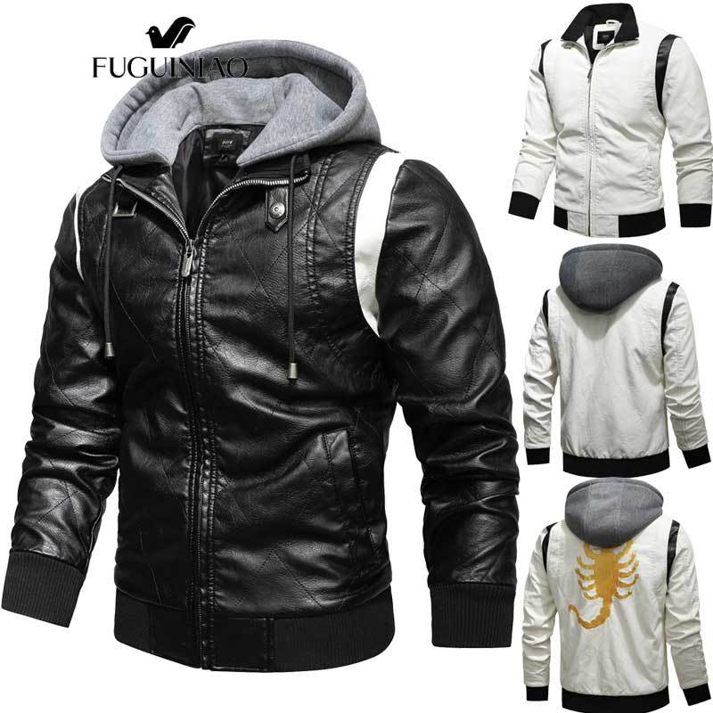 Fuguiniao แจ็คเก็ตหนังผู้ชายฤดูใบไม้ผลิ Hood ถอดออกได้แมงป่องเย็บปักถักร้อยรถจักรยานยนต์