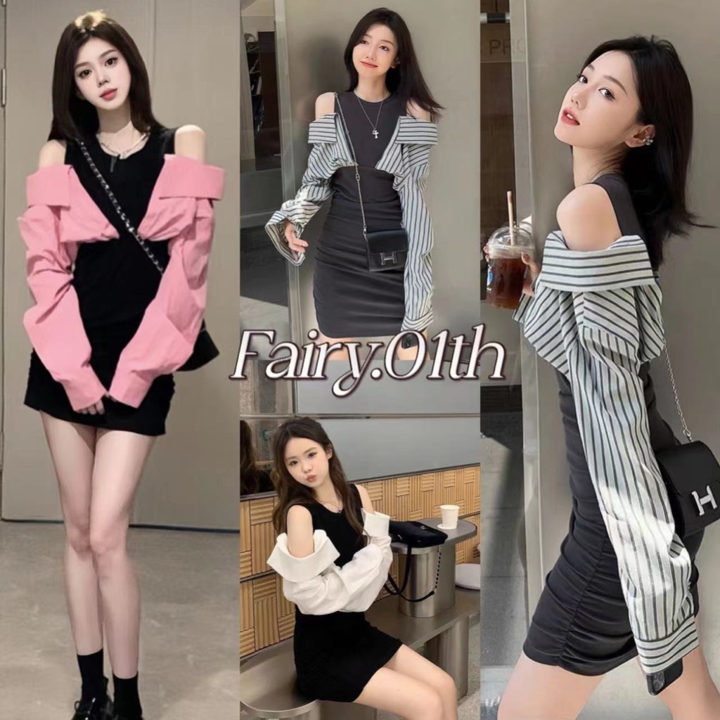 Fariy🍒เสื้อสองตัวปลอมประกบชุดเปิดไหล่ เซ็กซี่ สาวฮอต กระเป๋า สะโพก สั้น กระโปรง