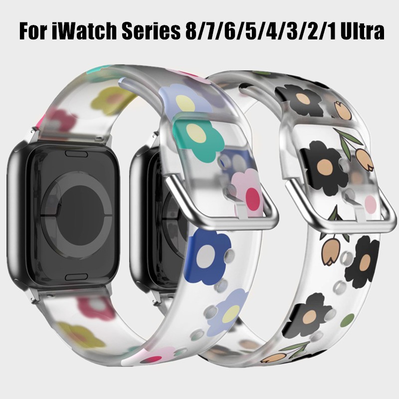 สายนาฬิกาข้อมือยาง พิมพ์ลายดอกไม้ สําหรับ สายนาฬิกา smartwatch 38 มม. 42 มม. นาฬิกาสมาร์ทวอทช์ 7 5 3 SE Series 8 6 4 2 40 มม. 41 มม. 42 มม. 45 มม. 49 มม.