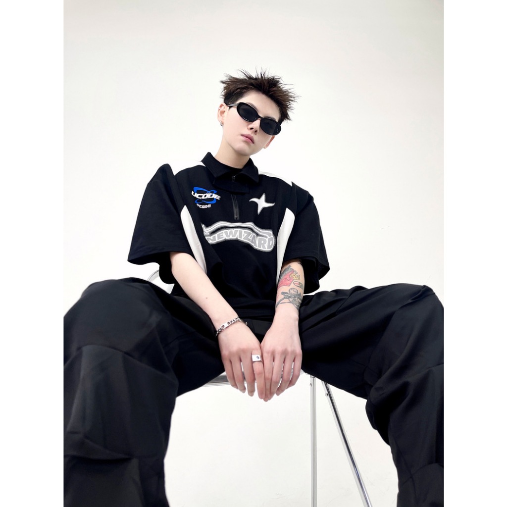 BeCoolMan🍃ใหม่อเมริกันพิมพ์เสื้อยืดแขนสั้นผู้ชายหลวมอินเทรนด์ยี่ห้อHigh Streetเสื้อโปโลสีตัดกันเสื้อลำลอง