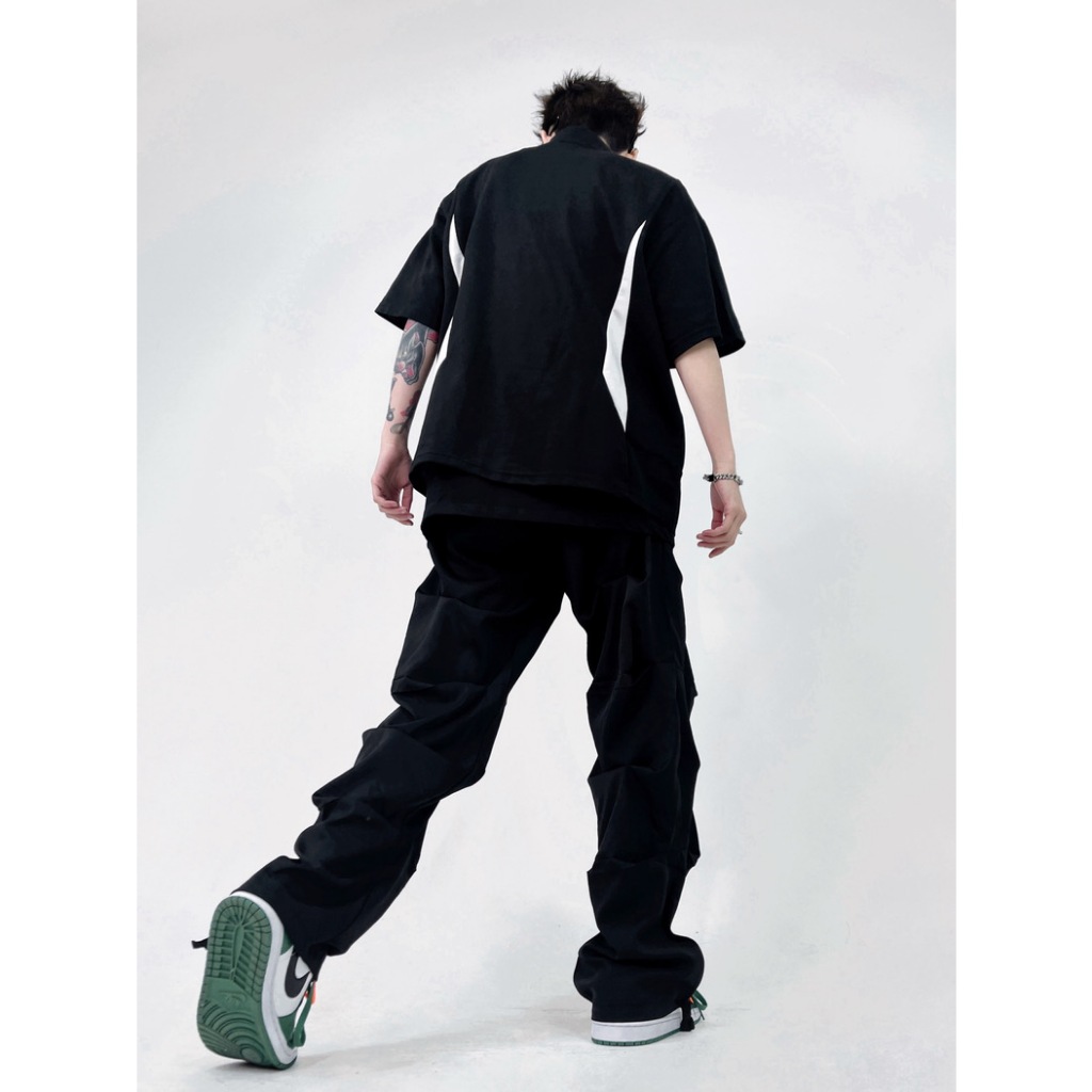 BeCoolMan🍃ใหม่อเมริกันพิมพ์เสื้อยืดแขนสั้นผู้ชายหลวมอินเทรนด์ยี่ห้อHigh Streetเสื้อโปโลสีตัดกันเสื้อลำลอง