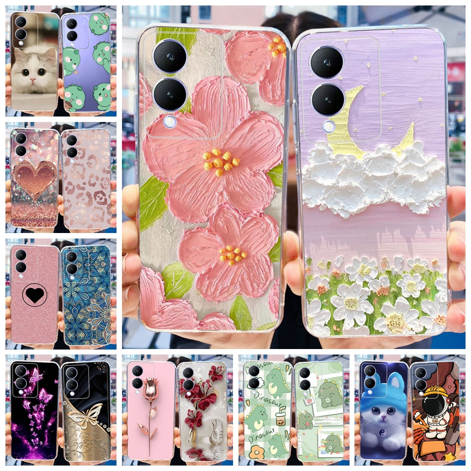 เคสโทรศัพท์มือถือ ซิลิโคนนิ่ม TPU ลายดอกไม้ แมวน่ารัก สําหรับ Vivo Y17s VivoY17s Y 17S 4G 2023